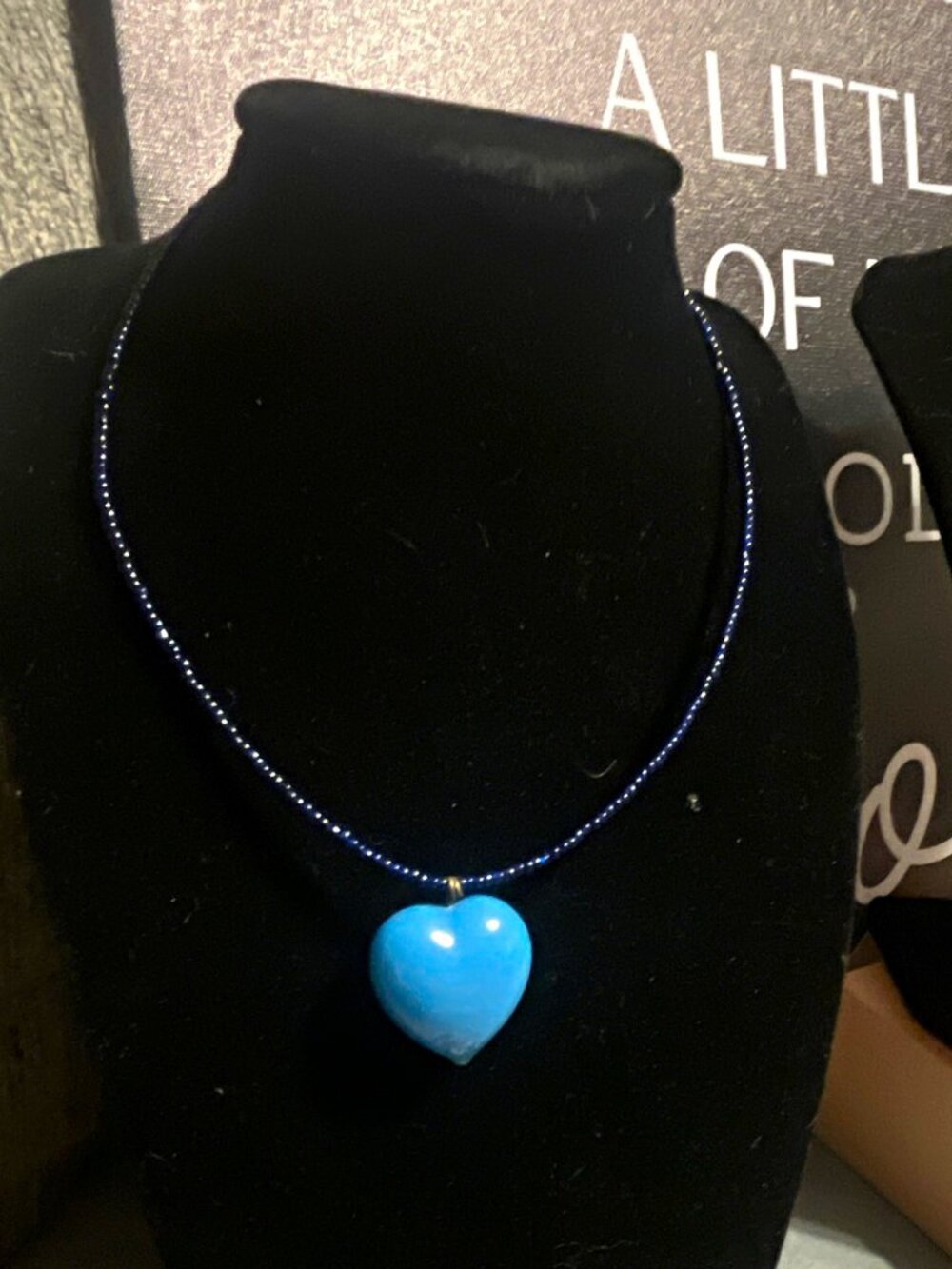 Blue Heart Charm Pendant Necklace on Blue Beaded Ball Chain w/ Barrel Clasp